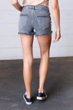 Load image into Gallery viewer, Ash Black Denim Button Enclosure Frayed Hem Shorts
