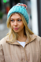 Load image into Gallery viewer, Teal Multicolor Cable Knit Pom-Pom Beanie

