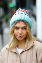 Load image into Gallery viewer, Teal Multicolor Cable Knit Pom-Pom Beanie
