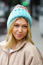 Load image into Gallery viewer, Teal Multicolor Cable Knit Pom-Pom Beanie
