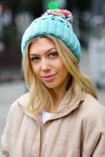 Load image into Gallery viewer, Teal Multicolor Cable Knit Pom-Pom Beanie
