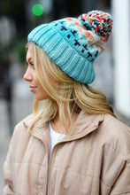 Load image into Gallery viewer, Teal Multicolor Cable Knit Pom-Pom Beanie
