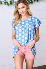 Load image into Gallery viewer, Azure Floral Print Ruffle Short Sleeve Yoke Top
