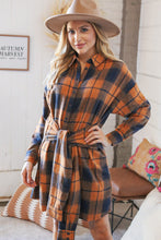 Load image into Gallery viewer, Navy &amp; Rust Plaid Flannel Button Down Waist Tie Dress
