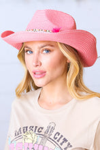 Load image into Gallery viewer, Pink Straw Boho Braided Tassel/Shell Strap Fedora
