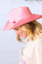 Load image into Gallery viewer, Pink Straw Boho Braided Tassel/Shell Strap Fedora
