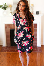 Load image into Gallery viewer, Black &amp; Pink Floral Surplice V Neck Pocketed Dress
