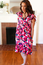 Load image into Gallery viewer, Pink &amp; Navy Floral Babydoll Flutter Sleeve Midi Dress
