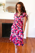 Load image into Gallery viewer, Pink &amp; Navy Floral Babydoll Flutter Sleeve Midi Dress
