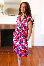 Load image into Gallery viewer, Pink &amp; Navy Floral Babydoll Flutter Sleeve Midi Dress
