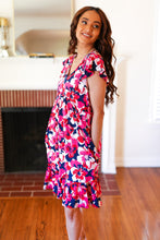 Load image into Gallery viewer, Pink &amp; Navy Floral Babydoll Flutter Sleeve Midi Dress
