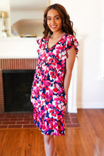 Load image into Gallery viewer, Pink &amp; Navy Floral Babydoll Flutter Sleeve Midi Dress
