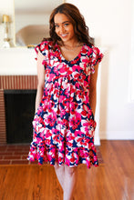 Load image into Gallery viewer, Pink &amp; Navy Floral Babydoll Flutter Sleeve Midi Dress
