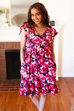 Load image into Gallery viewer, Pink &amp; Navy Floral Babydoll Flutter Sleeve Midi Dress
