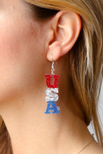 Load image into Gallery viewer, Patriotic USA Glitter Tiered Resin Earrings
