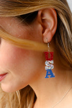 Load image into Gallery viewer, Patriotic USA Glitter Tiered Resin Earrings
