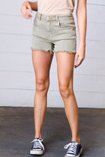 Load image into Gallery viewer, Olive Denim Button Enclosure Fray Hem Shorts
