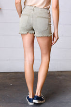 Load image into Gallery viewer, Olive Denim Button Enclosure Fray Hem Shorts
