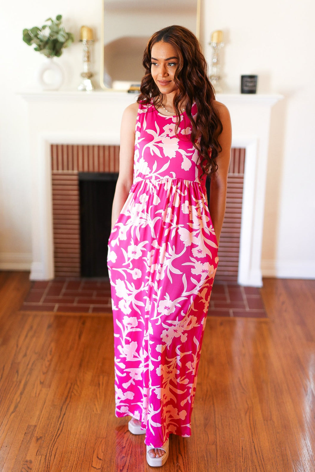 Fuchsia & Pink Big Floral Fit and Flare Sleeveless Maxi Dress