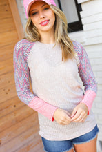 Load image into Gallery viewer, Taupe Two Tone Rib Chevron Button Raglan Top
