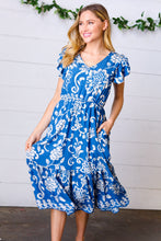 Load image into Gallery viewer, Navy Boho Ethnic Floral V Neck Flutter Sleeve Dress
