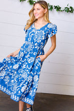 Load image into Gallery viewer, Navy Boho Ethnic Floral V Neck Flutter Sleeve Dress
