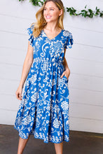 Load image into Gallery viewer, Navy Boho Ethnic Floral V Neck Flutter Sleeve Dress
