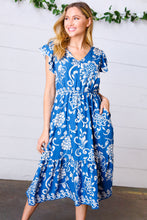 Load image into Gallery viewer, Navy Boho Ethnic Floral V Neck Flutter Sleeve Dress
