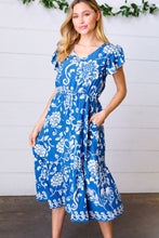 Load image into Gallery viewer, Navy Boho Ethnic Floral V Neck Flutter Sleeve Dress
