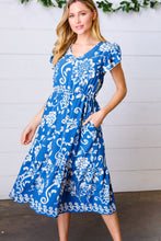 Load image into Gallery viewer, Navy Boho Ethnic Floral V Neck Flutter Sleeve Dress
