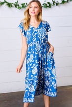 Load image into Gallery viewer, Navy Boho Ethnic Floral V Neck Flutter Sleeve Dress
