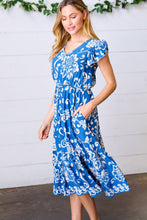 Load image into Gallery viewer, Navy Boho Ethnic Floral V Neck Flutter Sleeve Dress
