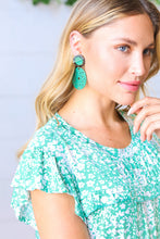Load image into Gallery viewer, Teal Crochet Carved Disc Dangle Earrings
