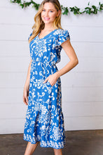 Load image into Gallery viewer, Navy Boho Ethnic Floral V Neck Flutter Sleeve Dress
