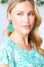 Load image into Gallery viewer, Teal Crochet Carved Disc Dangle Earrings
