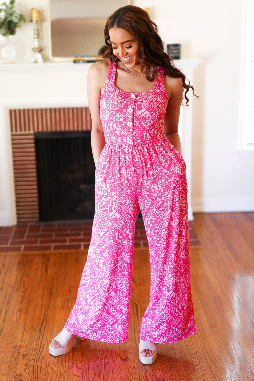 Fuchsia Boho Batik Print Button Sleeveless Jumpsuit