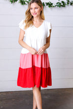 Load image into Gallery viewer, Peach &amp; Cherry Red Tiered Frill Sleeve Midi Dress
