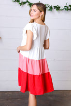 Load image into Gallery viewer, Peach &amp; Cherry Red Tiered Frill Sleeve Midi Dress
