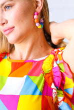 Load image into Gallery viewer, Multicolor Raffia &amp; Gold Pom Hoop Earrings
