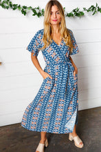 Load image into Gallery viewer, Navy Boho Print Surplice Sash Belt Midi Dress
