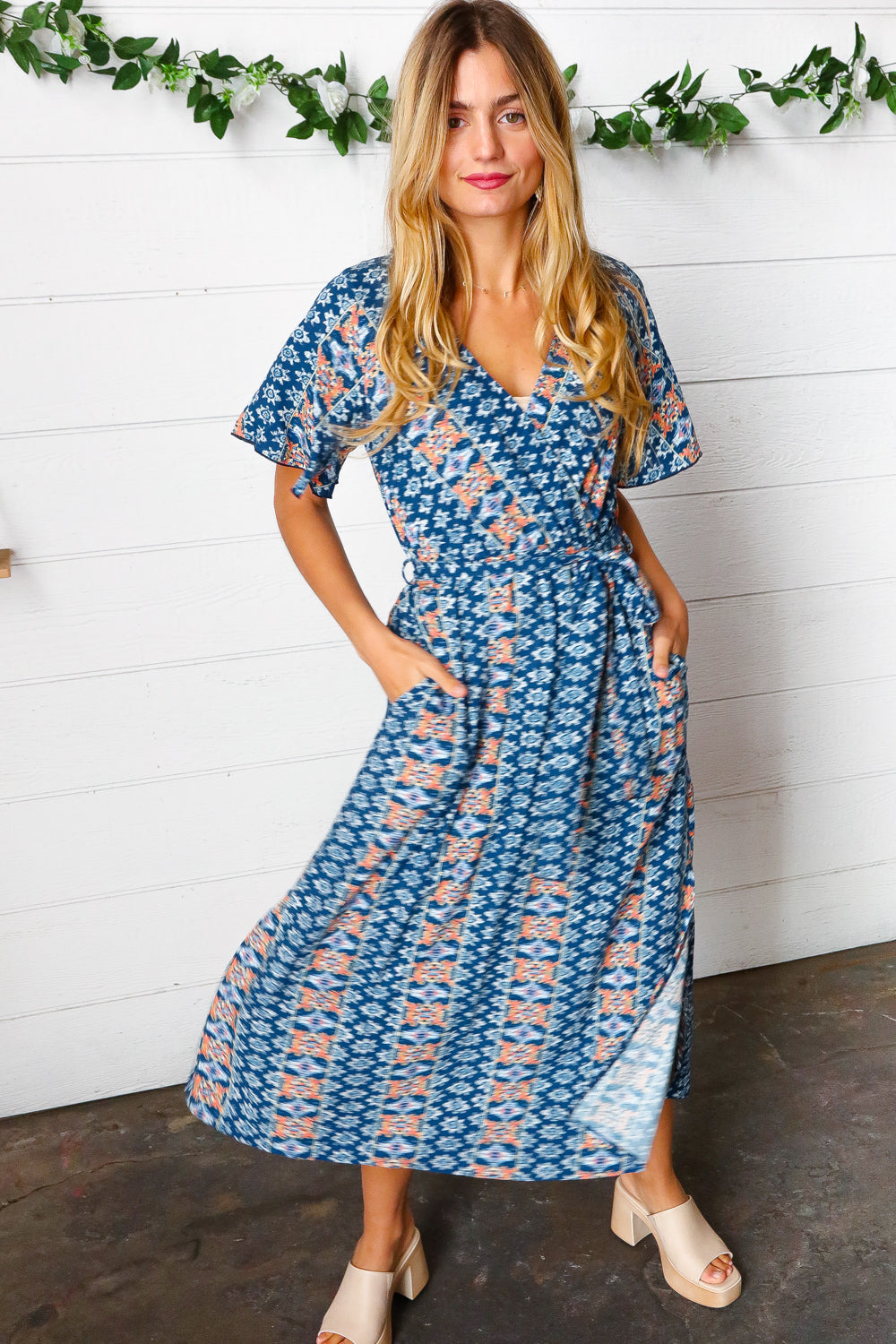 Navy Boho Print Surplice Sash Belt Midi Dress