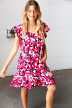 Load image into Gallery viewer, Pink &amp; Navy Floral Babydoll Flutter Sleeve Midi Dress
