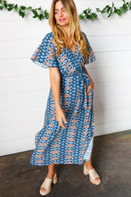 Load image into Gallery viewer, Navy Boho Print Surplice Sash Belt Midi Dress
