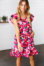 Load image into Gallery viewer, Pink &amp; Navy Floral Babydoll Flutter Sleeve Midi Dress
