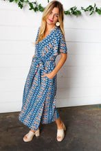 Load image into Gallery viewer, Navy Boho Print Surplice Sash Belt Midi Dress
