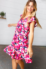 Load image into Gallery viewer, Pink &amp; Navy Floral Babydoll Flutter Sleeve Midi Dress
