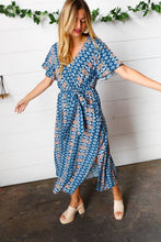 Load image into Gallery viewer, Navy Boho Print Surplice Sash Belt Midi Dress
