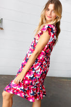 Load image into Gallery viewer, Pink &amp; Navy Floral Babydoll Flutter Sleeve Midi Dress
