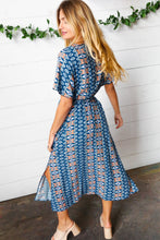 Load image into Gallery viewer, Navy Boho Print Surplice Sash Belt Midi Dress
