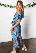 Load image into Gallery viewer, Navy Boho Print Surplice Sash Belt Midi Dress
